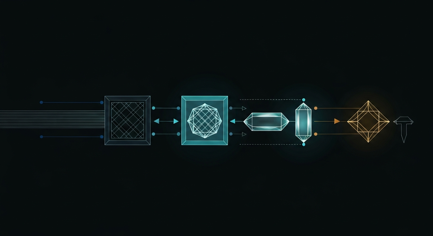 Abstract diagram motif of four connected nodes representing a data pipeline.