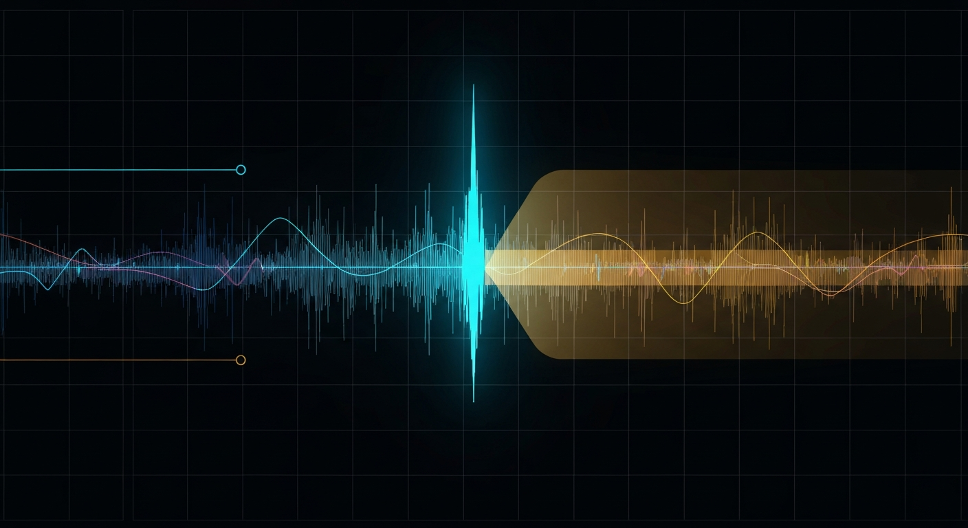 Abstract visualization of a single signal spike above a field of calm noise, later enclosed by a wider band.